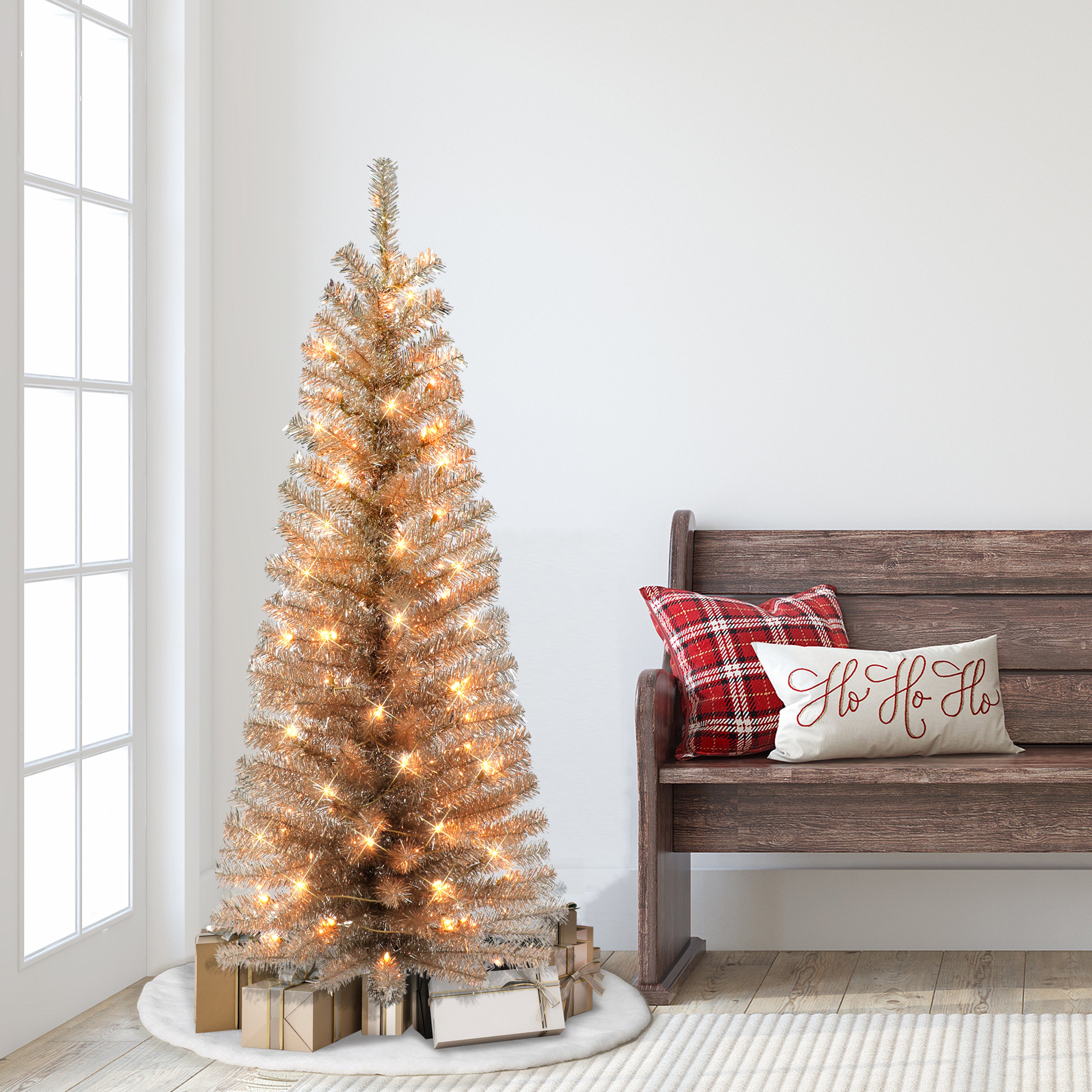 4.5ft Pre-lit Rose Gold Tinsel Tree